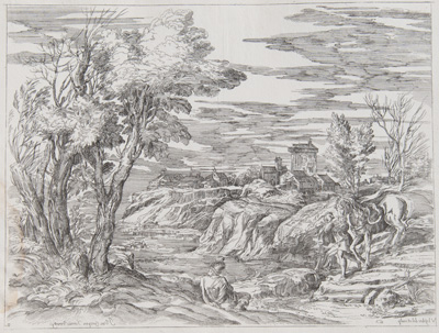 Titian etching from 1682 Landscape, boy leading horse to water, town in background
